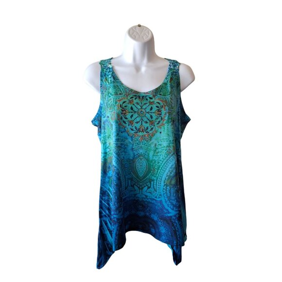 Only Nine Womens Tank Top S Blue Green Handkerchief Sleeveless Lace Detail Boho - Picture 1 of 6